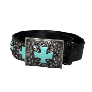Ariat S 36" Black Turquoise Cross Leather Inlaid Belt & Buckle